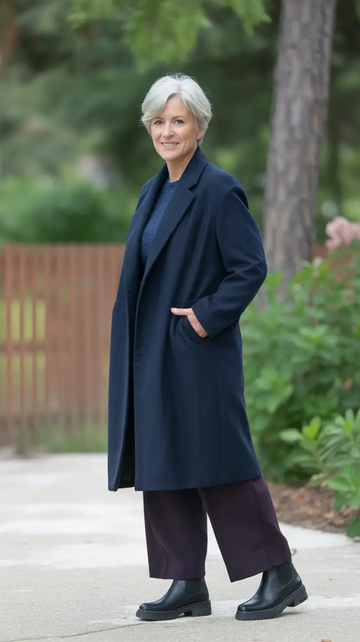 Outfits for Women Over 60 Winter 2025 - 2026 - Navy & Plum Ease - Relaxed Coat With Chelsea Boots