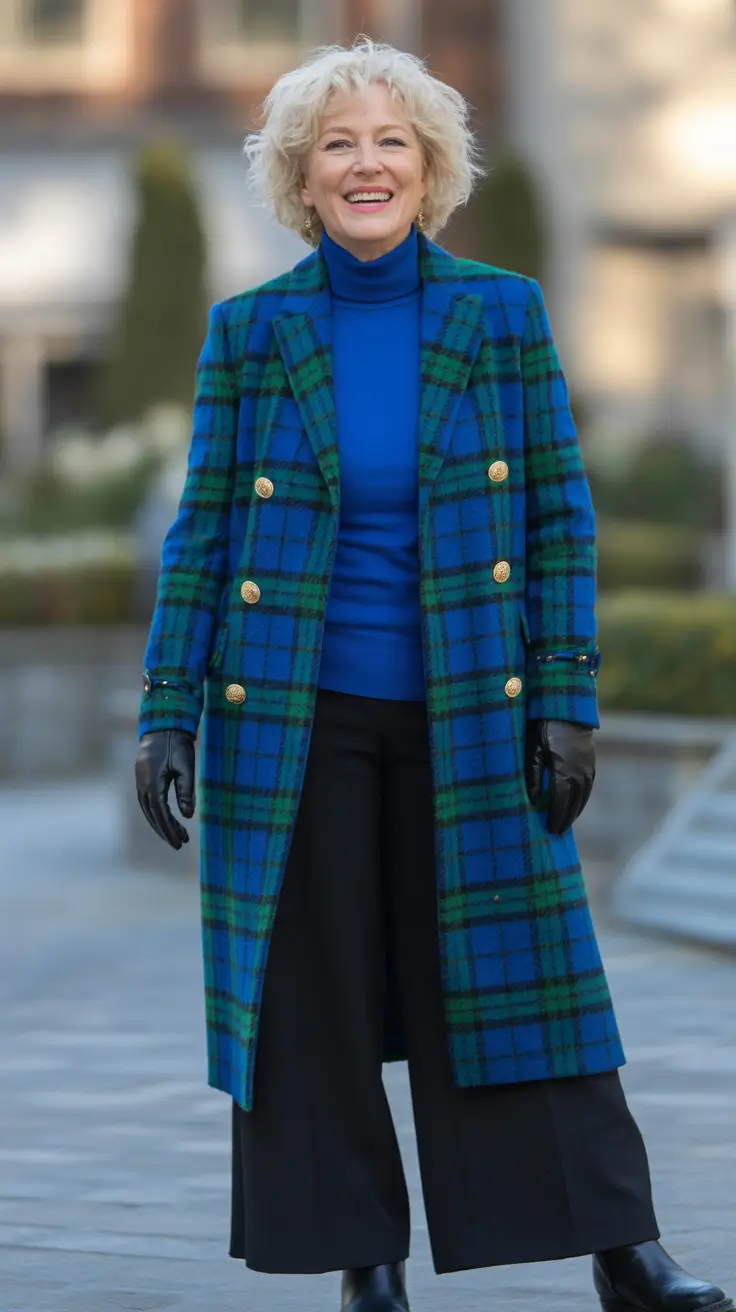 Outfits for Women Over 60 Winter 2025 - 2026 - Emerald Tartan Coat With Cobalt Layers