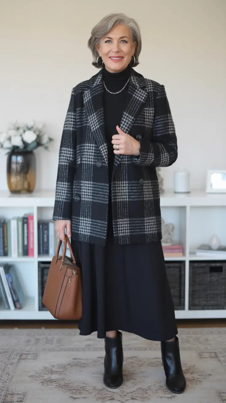 Plaid Blazer Coat Over Black Midi Outfit for Women Over 60 Winter 2025 - 2026