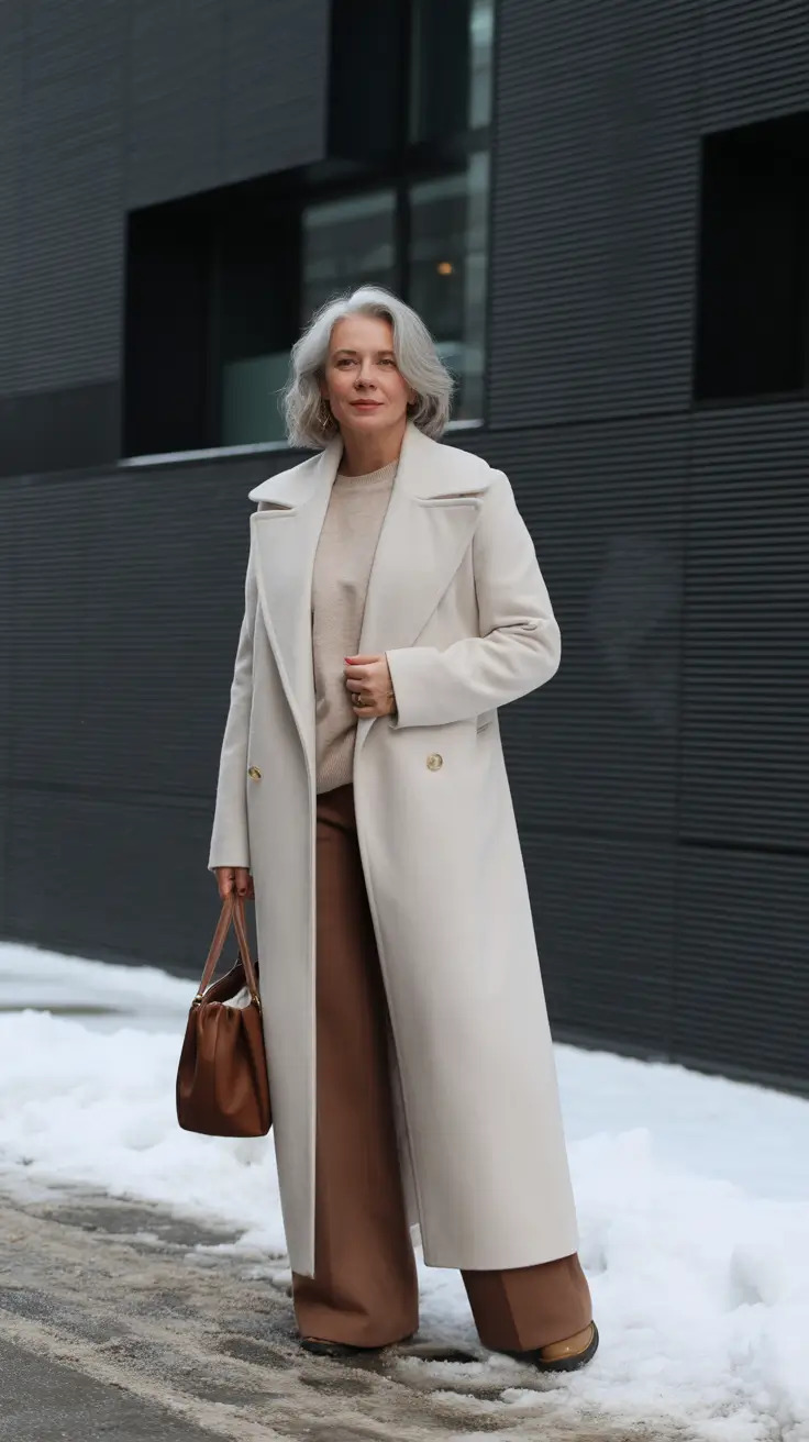 Outfits for Women Over 60 Winter 2025 - 2026 - Ivory Coat & Cocoa Trousers - Soft Neutrals That Glow