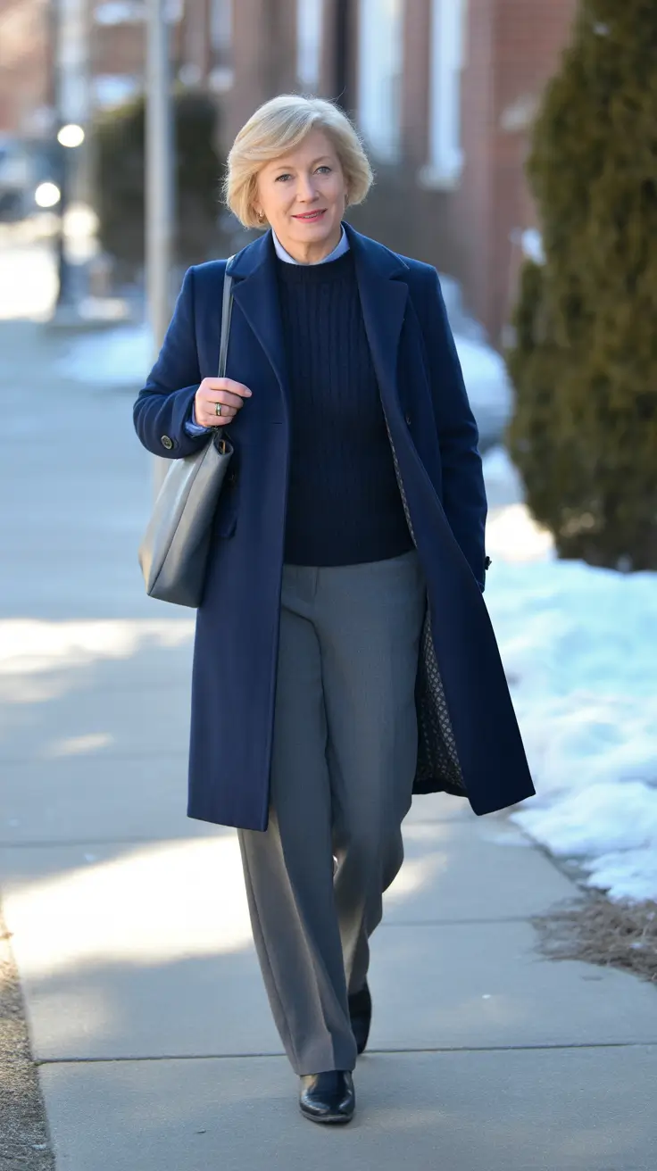 Outfits for Women Over 60 Winter 2025 - 2026 - Navy Layers & Gray Trousers - The Smart-Stroll Uniform