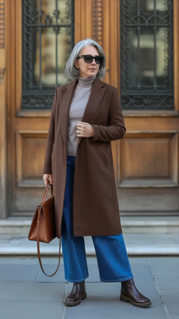 Outfits for Women Over 60 Winter 2025 - 2026 - Chocolate Coat & Cropped Denim - Modern Weekend Tailoring