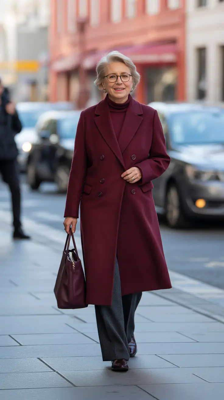 Outfits for Women Over 60 Winter 2025 - 2026 - Monochrome Merlot Tailoring For City Days