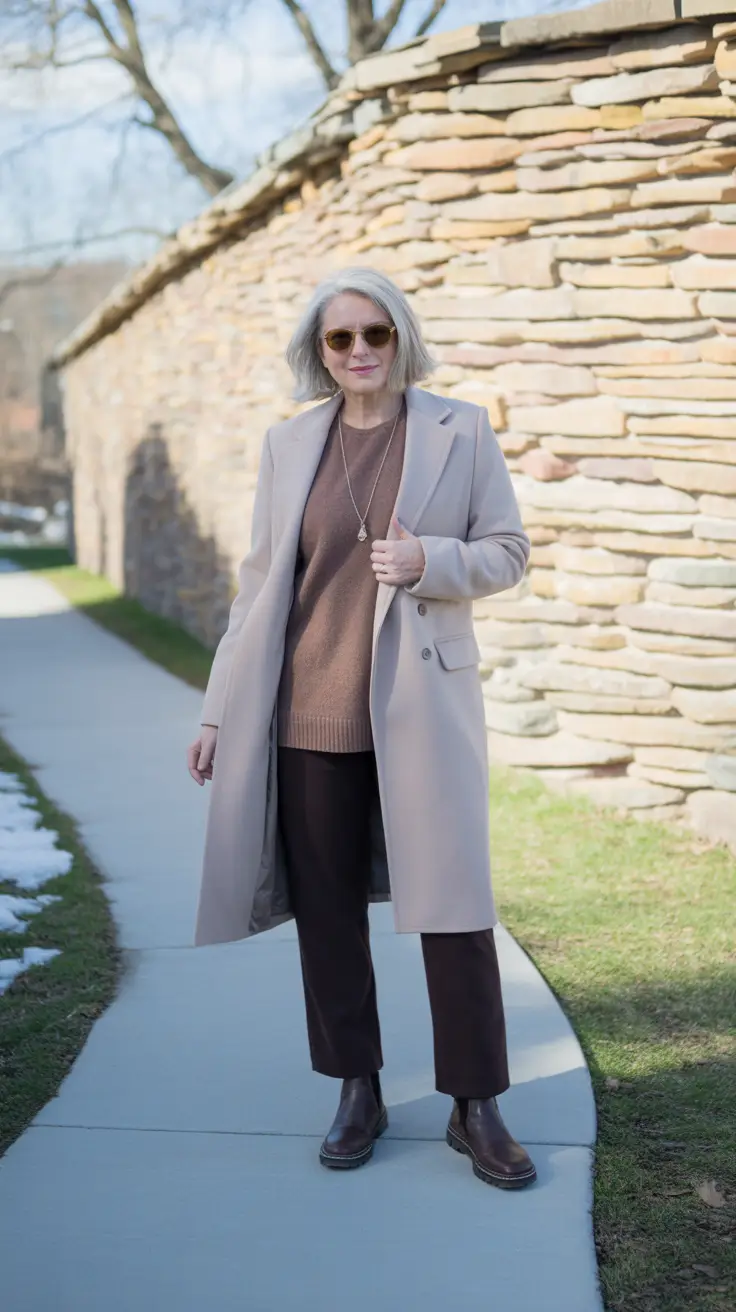 Outfits for Women Over 60 Winter 2025 - 2026 - Greige Coat & Cocoa Knit - Soft-Tone Capsule That Works Everywhere