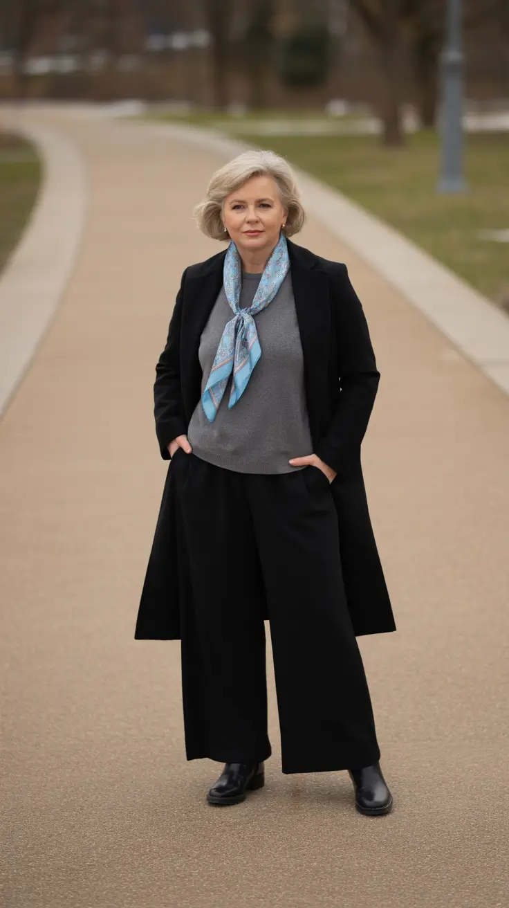 Outfits for Women Over 60 Winter 2025 - 2026 - Black Column, Sky-Blue Scarf - Monochrome With a Twist