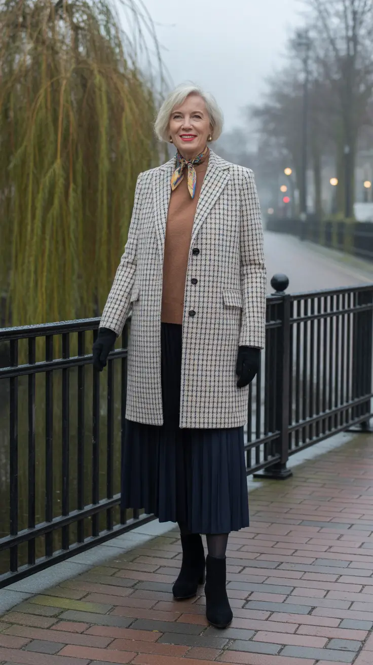 Outfits for Women Over 60 Winter 2025 - 2026 - Check Coat, Camel Knit, And A Pleated Midi