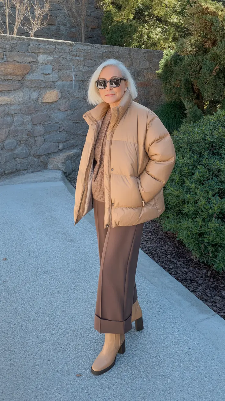 Outfits for Women Over 60 Winter 2025 - 2026 - Caramel Puffer Power - Monochrome Layers With Wide-Leg Trousers
