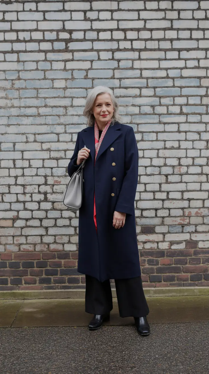 Outfits for Women Over 60 Winter 2025 - 2026 - Officer Navy - Double-Breasted Coat With a Pop Scarf