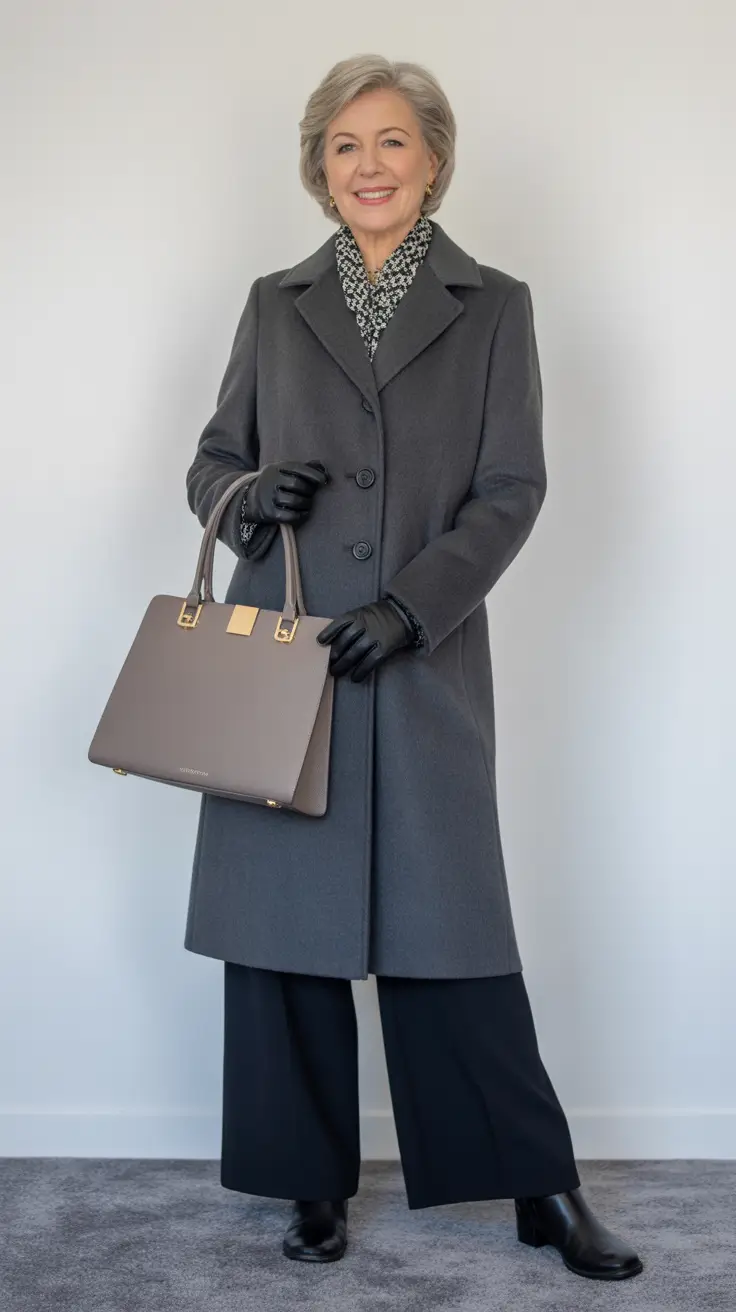 Outfits for Women Over 60 Winter 2025 - 2026 - Graphite Quiet Luxury - Houndstooth, Taupe Tote, Black Leather Gloves