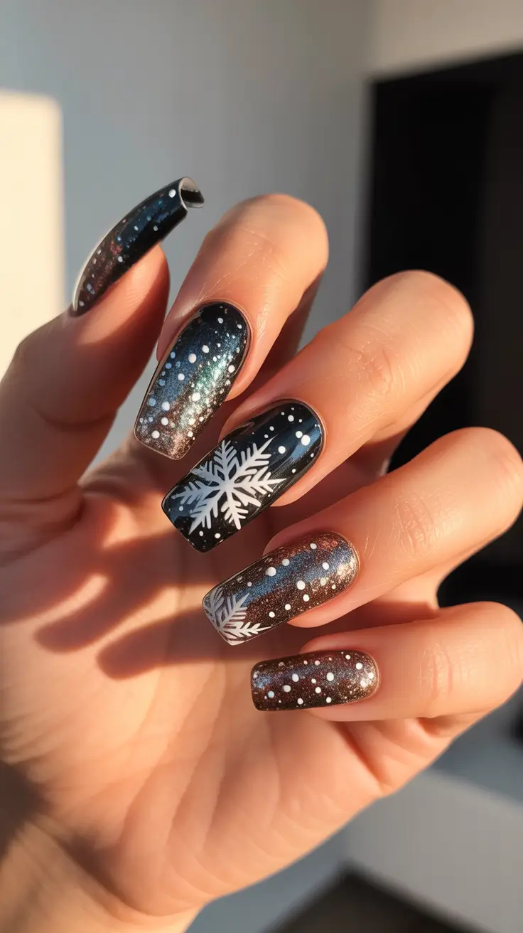 Black Nail Designs for Christmas 2025 - Snowfall Ombre With Bronzed Sparkle