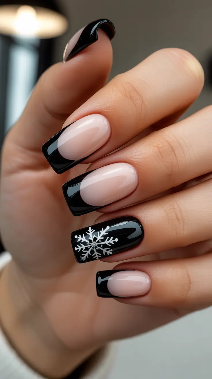 Black Nail Designs for Christmas 2025 - Black French With Crystal Snowflake Accent