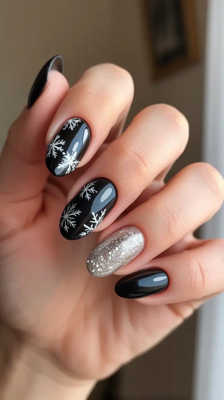 Black Nail Designs for Christmas 2025 - Snowflake Accent With Molten-Silver Shine