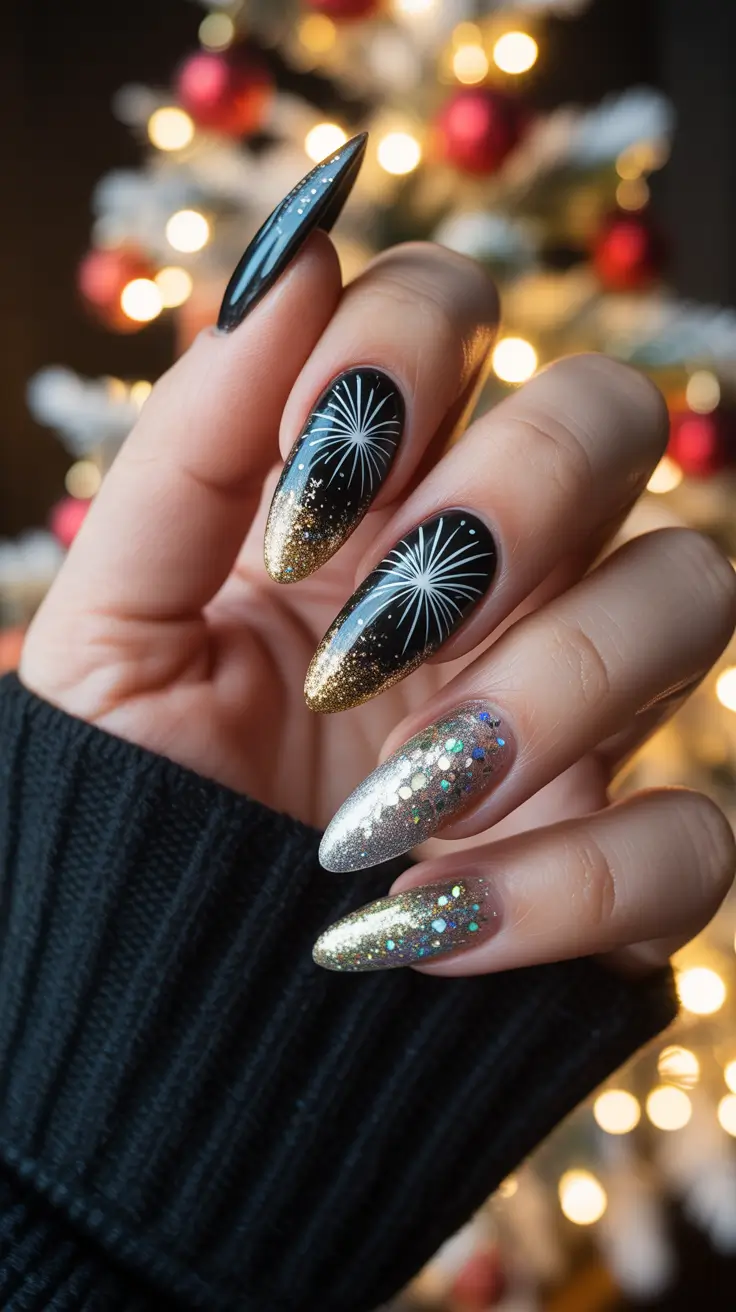 Black Nail Designs for Christmas 2025 - Firework Fade: Black-to-Gold With Party Glitter