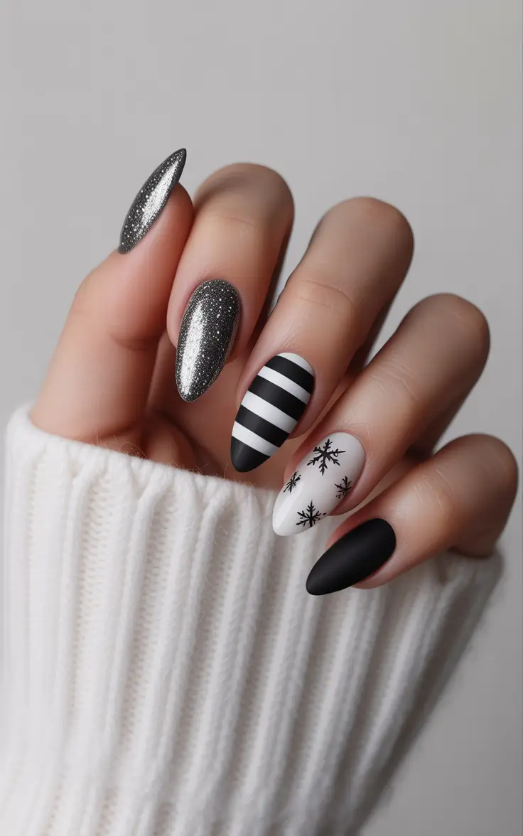 Black Nail Designs for Christmas 2025 - Matte Mono Candy-Cane Mix