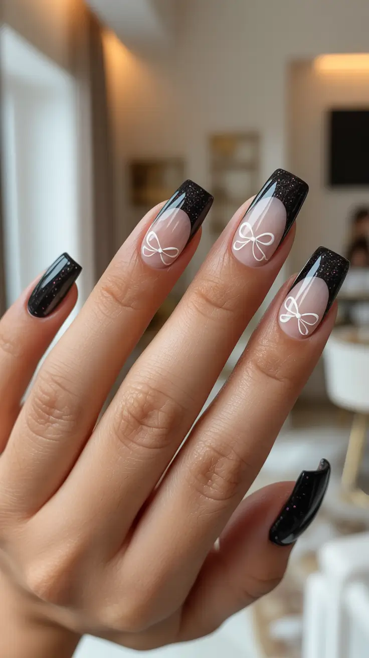 Black Nail Designs for Christmas 2025 - Gift-Box French With Tiny Bows