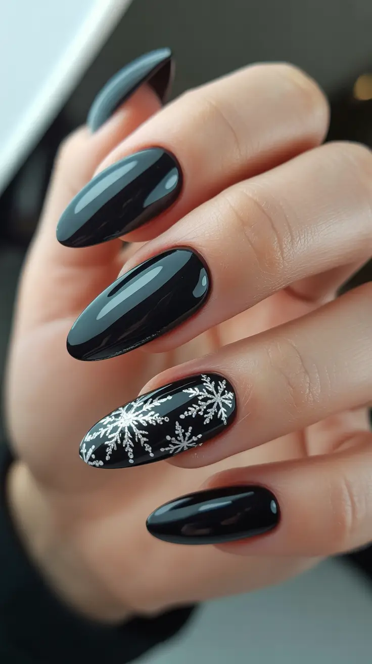 Black Nail Designs for Christmas 2025 - Sleek Almond With Silver Snowflake Overlay