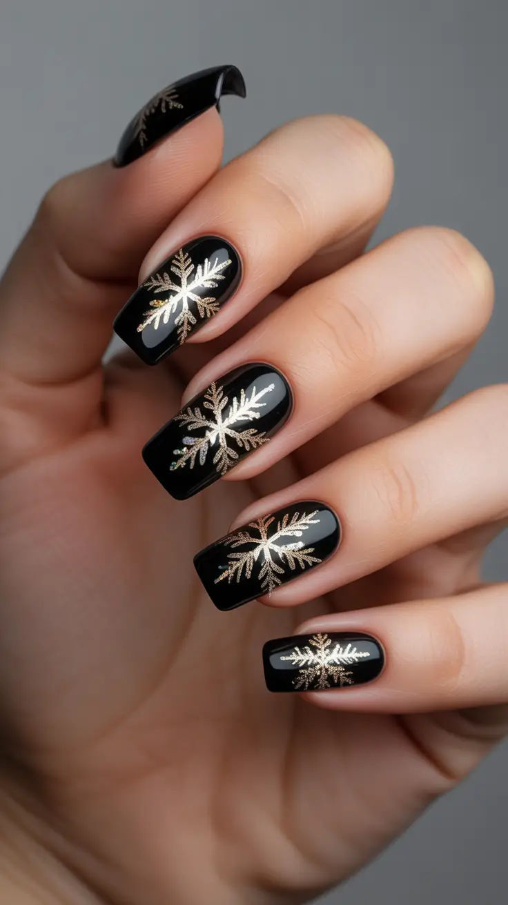 Black Nail Designs for Christmas 2025 - Gloss Black With Gilded Snowflakes