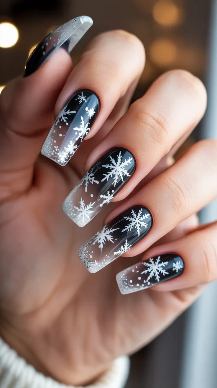Black Nail Designs for Christmas 2025 - Frost-Tipped Ombre Coffin With White Flurries