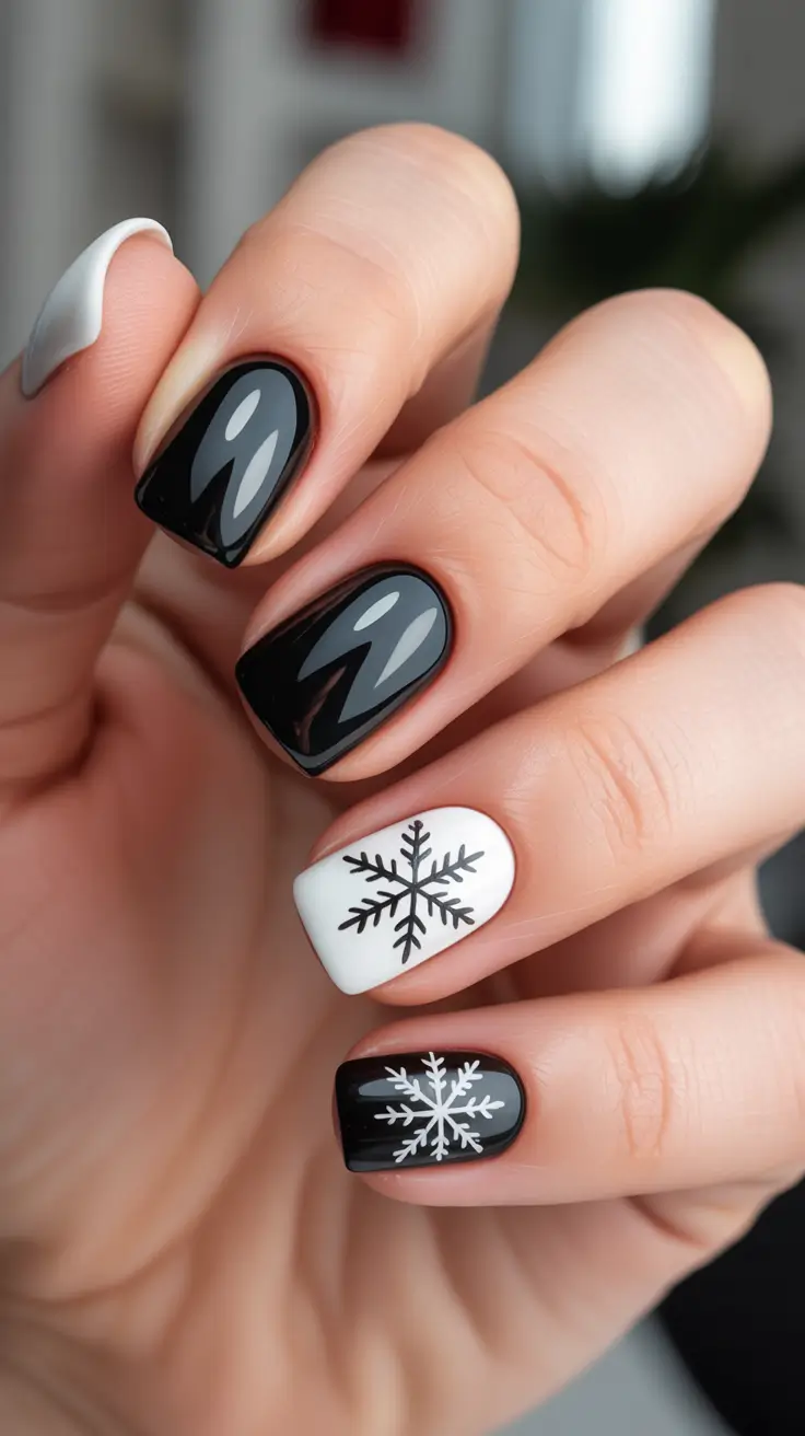 Black Nail Designs for Christmas 2025 - Monochrome Mini Set With Snowflake Accents