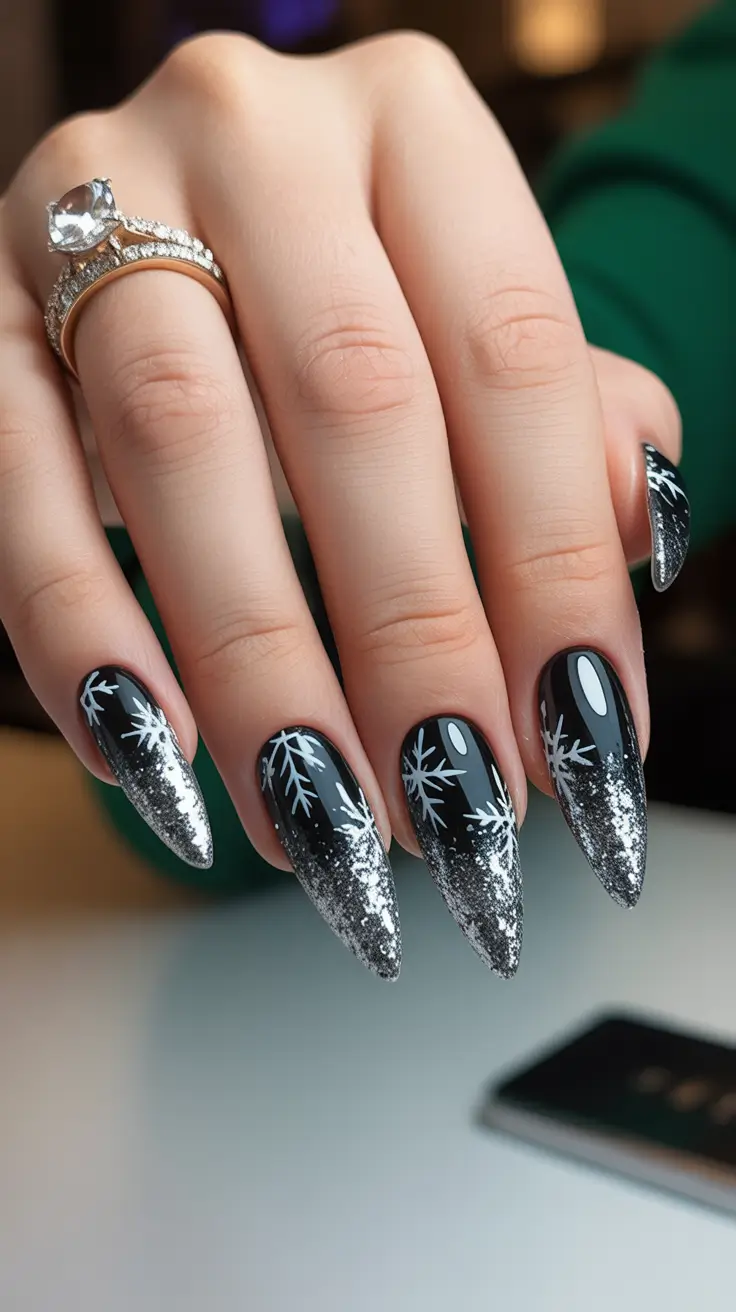 Black Nail Designs for Christmas 2025 - Silver-Dripped Stiletto Snowflakes