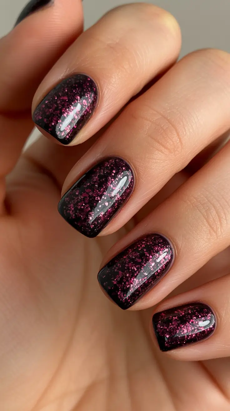 Black Nail Designs for Christmas 2025 - Ruby-Night Glitter On Short Squares
