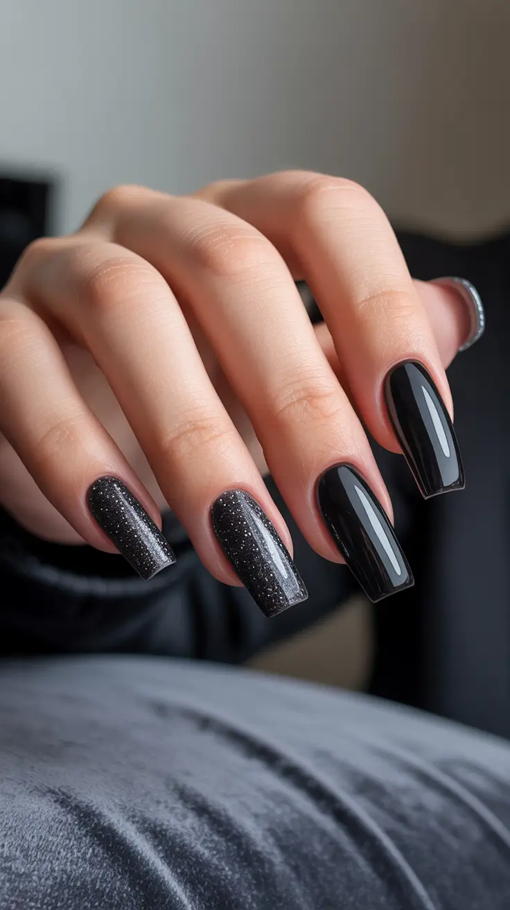 Black Nail Designs for Christmas 2025 - Black Tie Coffin With Star-Dust Accents