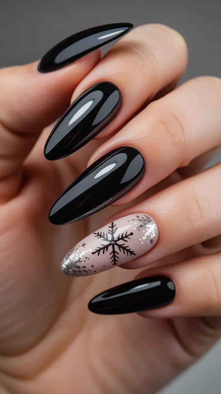 Black Nail Designs for Christmas 2025 - Almond Noir With Soft Snowflake Accent