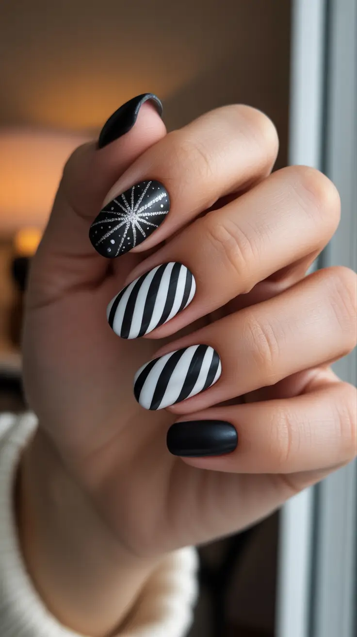 Black Nail Designs for Christmas 2025 - Monochrome Candy-Stripes With Matte Drama