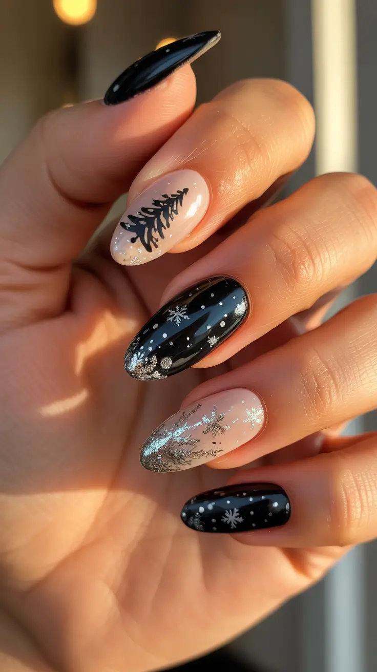 Black Nail Designs for Christmas 2025 - Nordic Night: Trees, Flurries, And Silver Frost