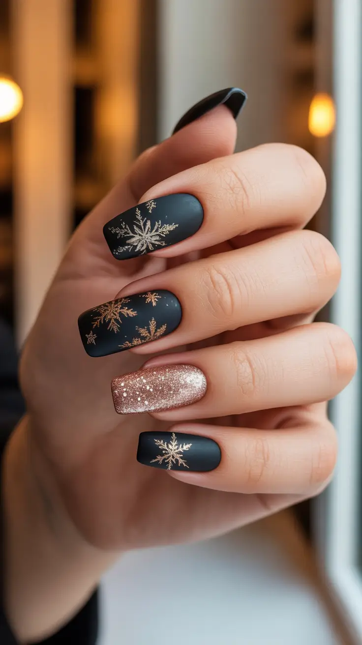 Black Nail Designs for Christmas 2025 - Matte Midnight With Gold Snowflakes