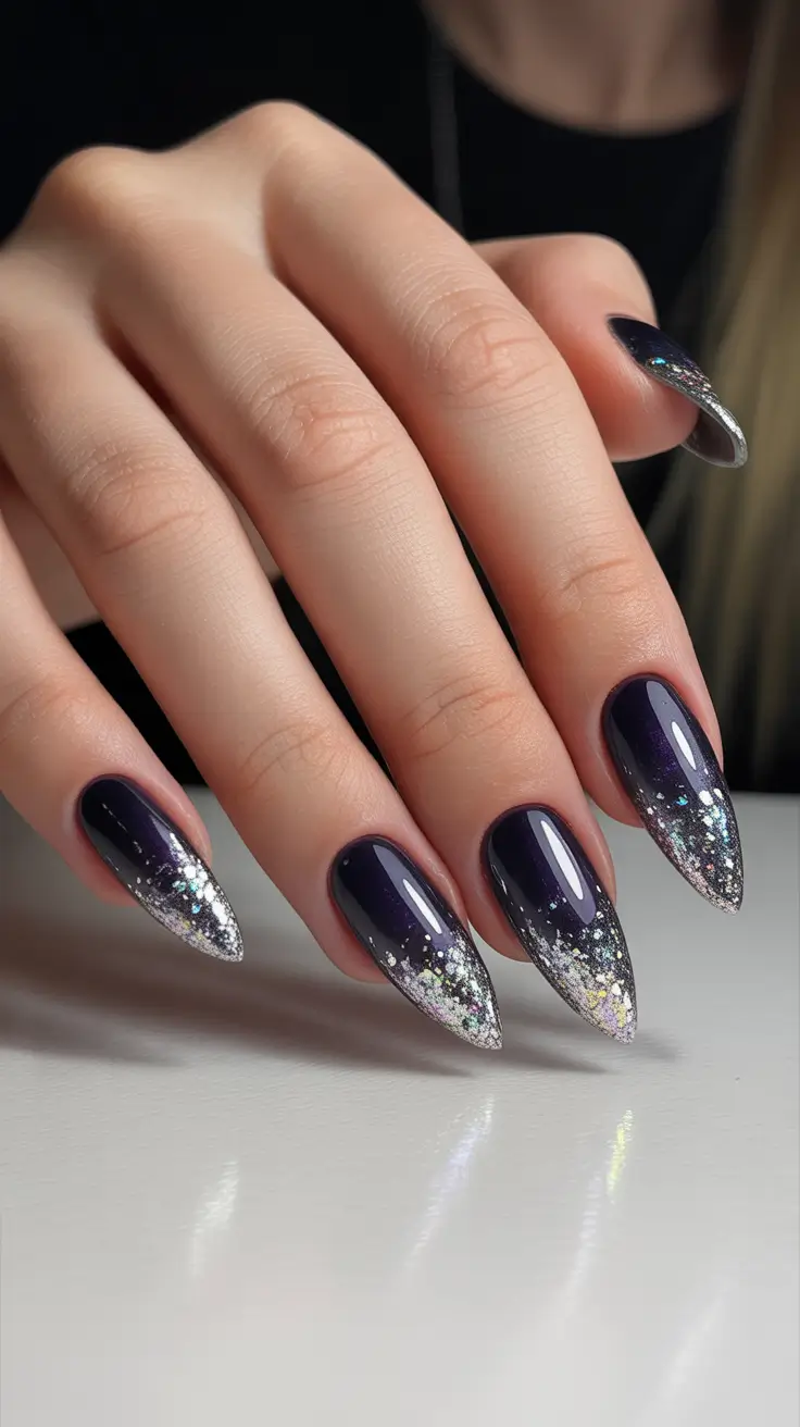 Black Nail Designs for Christmas 2025 - Galaxy Glitter Almond Fade
