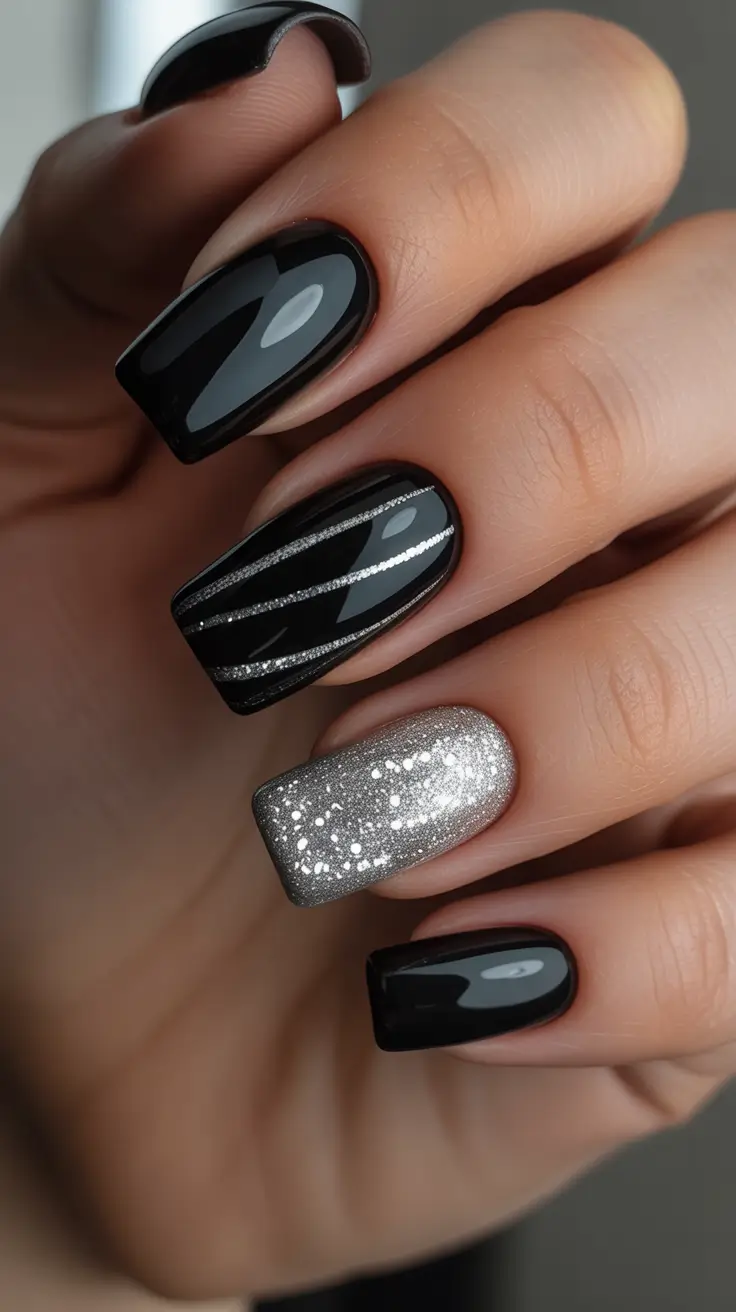Black Nail Designs for Christmas 2025 - Liquid Onyx With Silver Lines