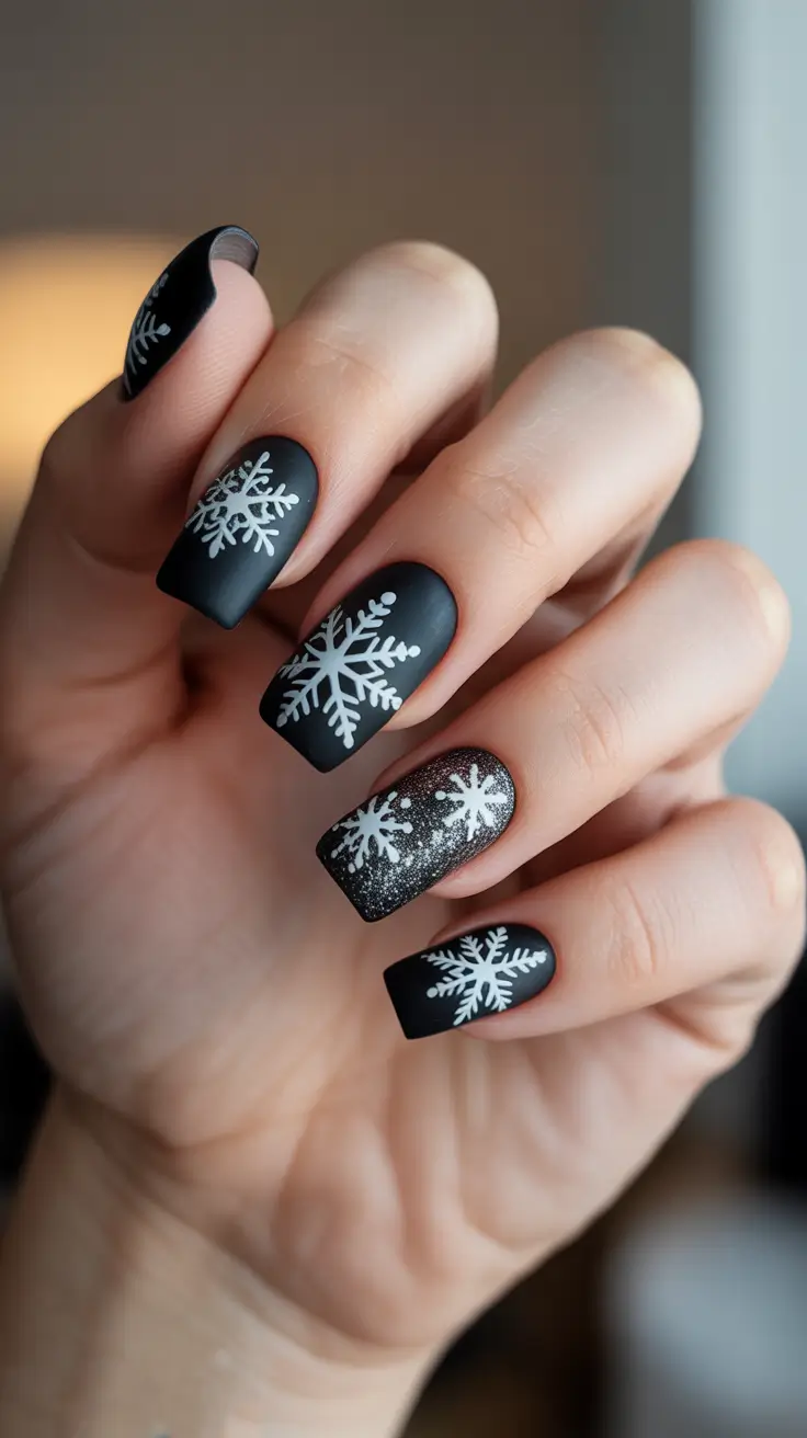 Black Nail Designs for Christmas 2025 - Soft-Matte Snowflakes With Frosted Accent