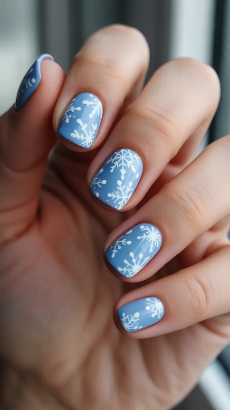 Trendy Blue Nail Ideas Christmas 2025 - Powder-Blue Snowflake Shorties