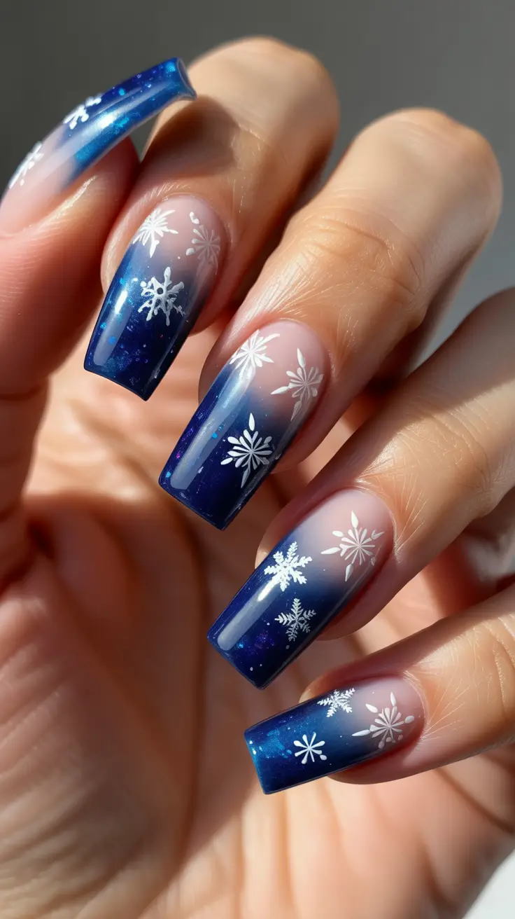 blue christmas nails - Snowfall French - Nightfall Ombre With Soft Flakes
