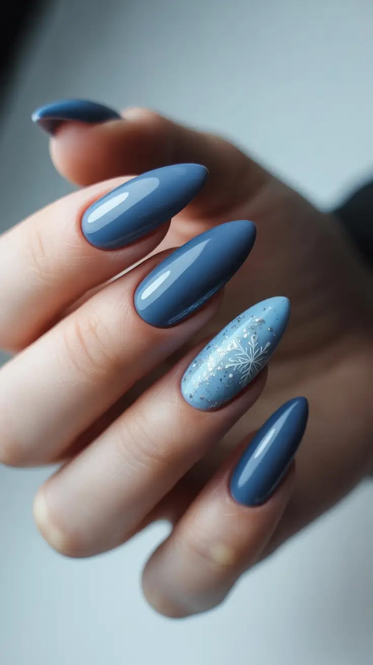 Trendy Blue Nail Ideas Christmas 2025 - Almond Steel-Blue With Frosted Accent