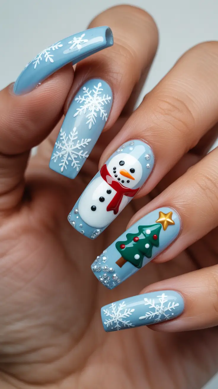Trendy Blue Nail Ideas Christmas 2025 - Storybook Snowman And Blue Tree Charm