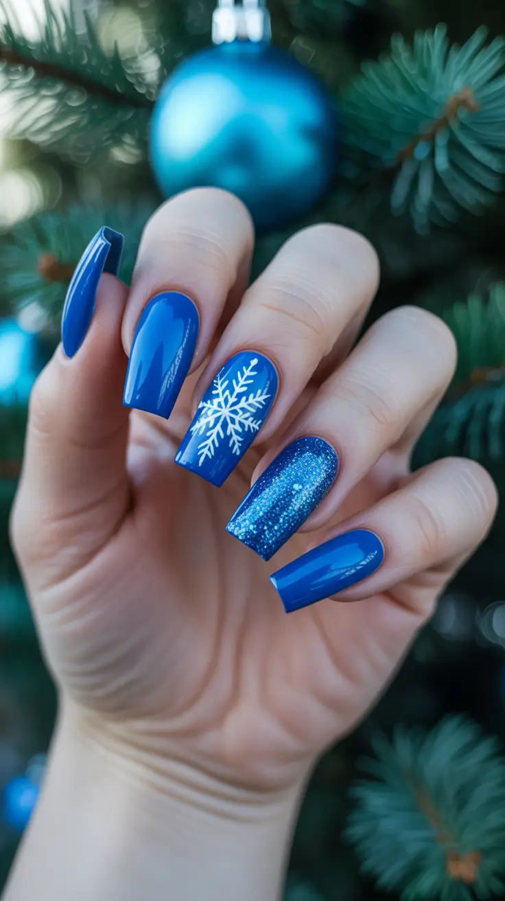 Trendy Blue Nail Ideas Christmas 2025 - Royal Blue Shine With Glitter Ribbon