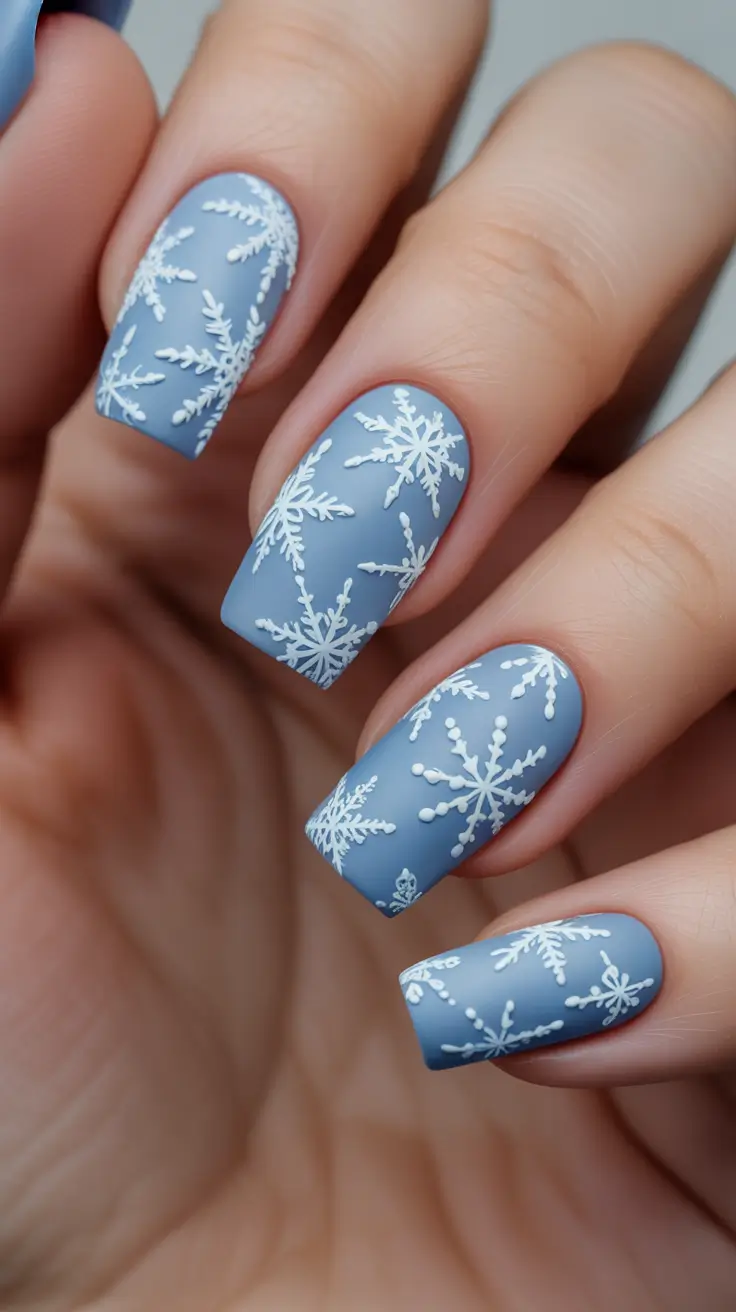 Trendy Blue Nail Ideas Christmas 2025 - Matte Ice Blue Snowlace