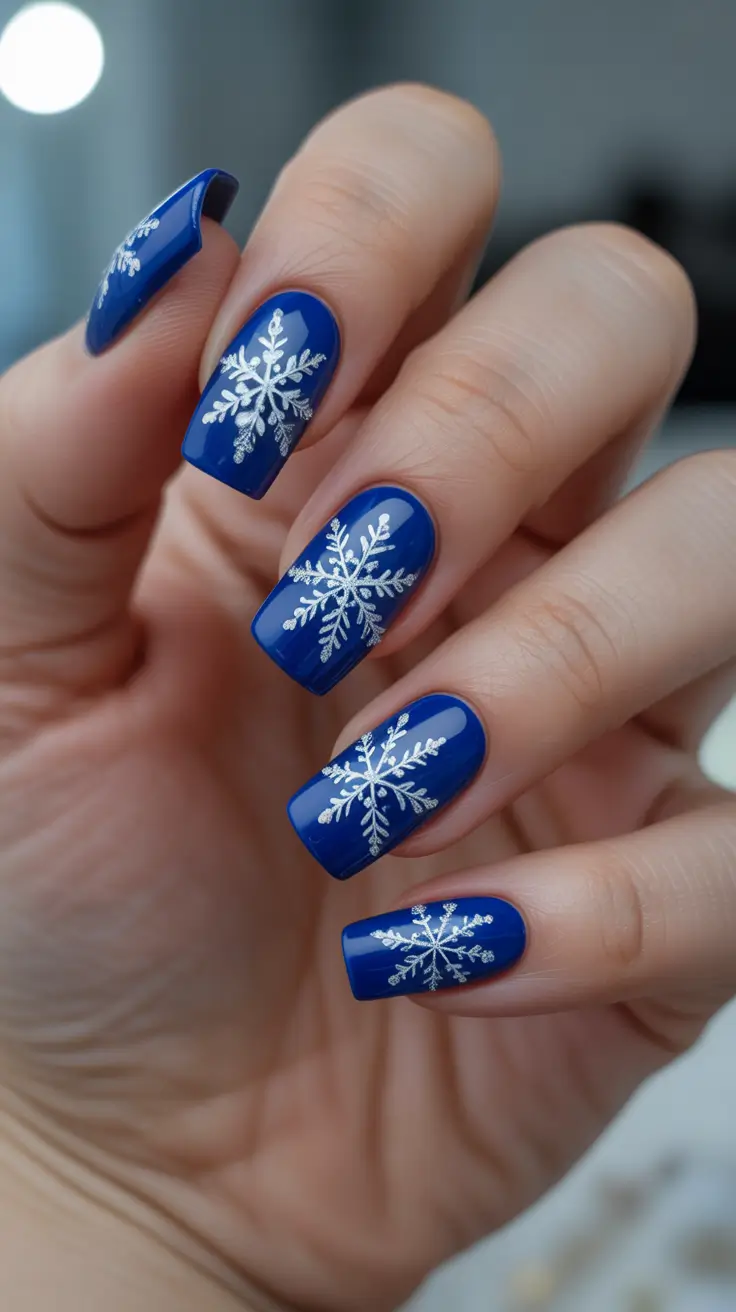Trendy Blue Nail Ideas Christmas 2025 - Cobalt Snowflakes With Silver Gleam