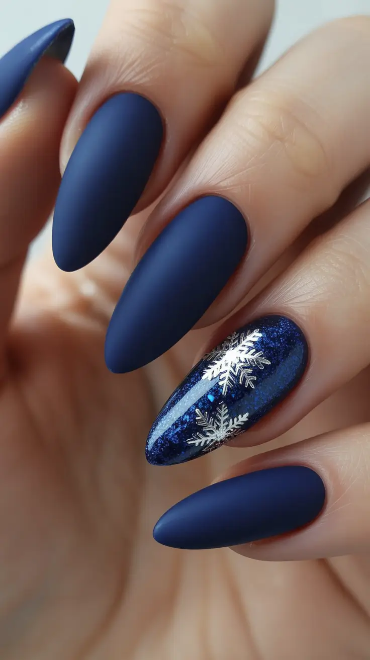 blue christmas nails - Matte Midnight With Glossy Snowflake Accent