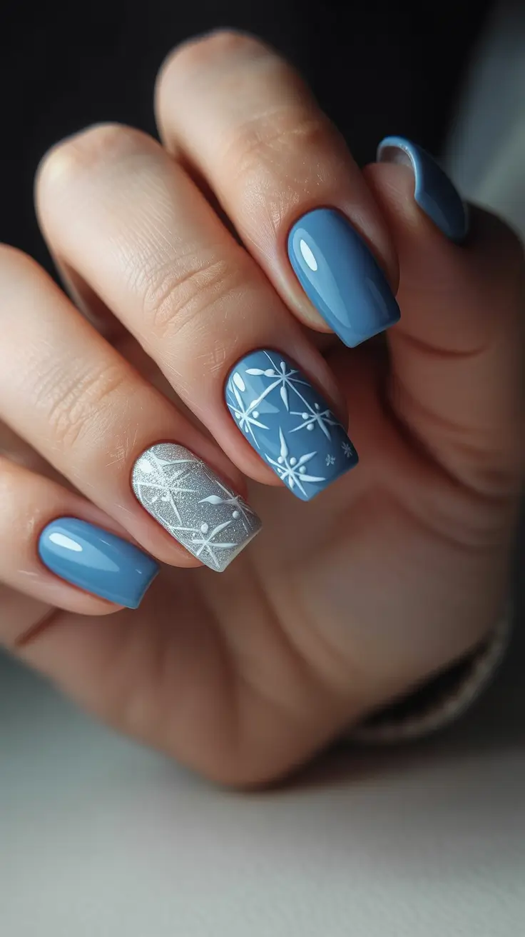 blue christmas nails - Powder Blue Ornaments With Silver Etching
