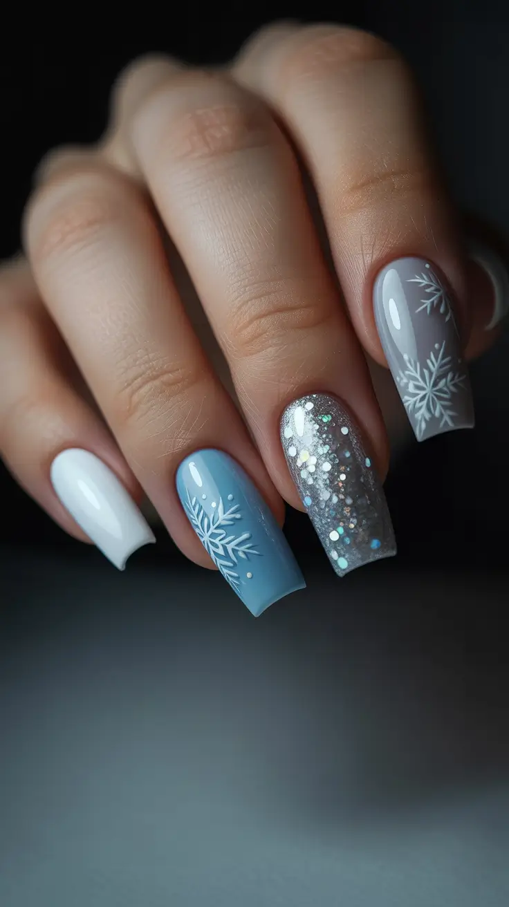 blue christmas nails - Soft Neutrals With Icy Glitter Pop