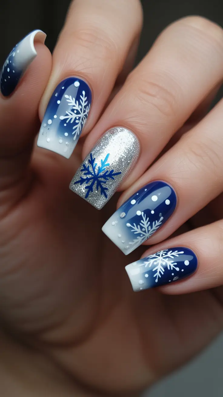 blue christmas nails - Nordic French Fade With Foil Sparkle