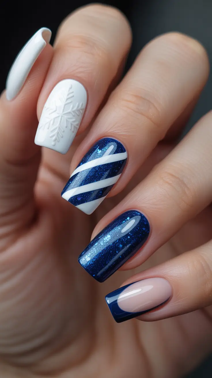Trendy Blue Nail Ideas Christmas 2025 - Navy Candy-Cane Mix With Embossed Flake