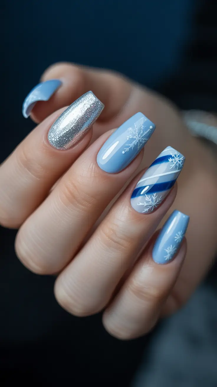 blue christmas nails - Sky Blue Mix With Candy Stripes