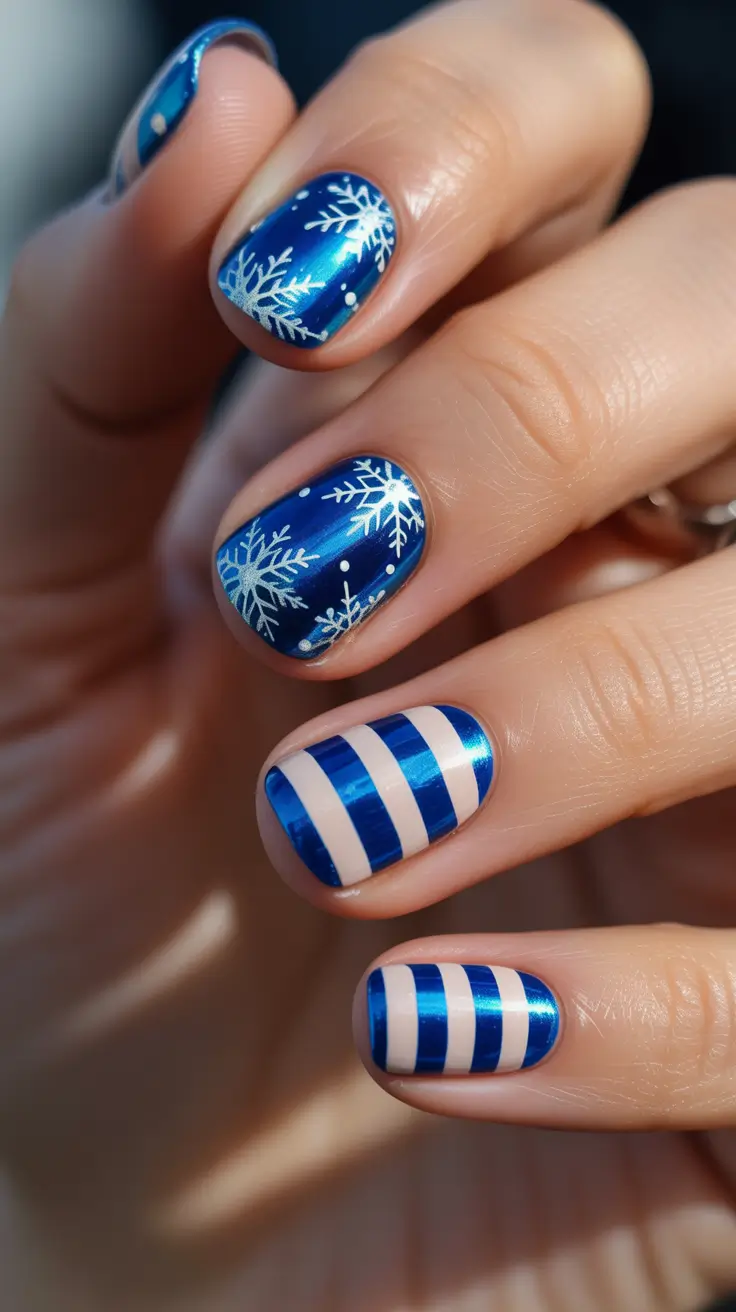 blue christmas nails - Royal Foil & Breton Stripes
