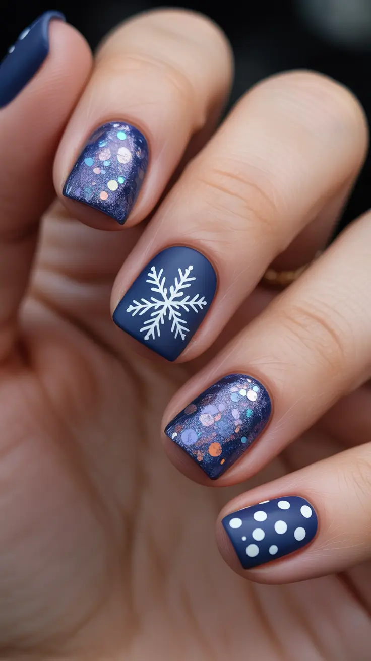 Trendy Blue Nail Ideas Christmas 2025 - Midnight Confetti With Solo Flake Accent
