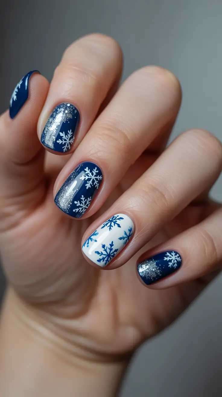 Trendy Blue Nail Ideas Christmas 2025 - Silver-Frosted Navy With Crisp Florals