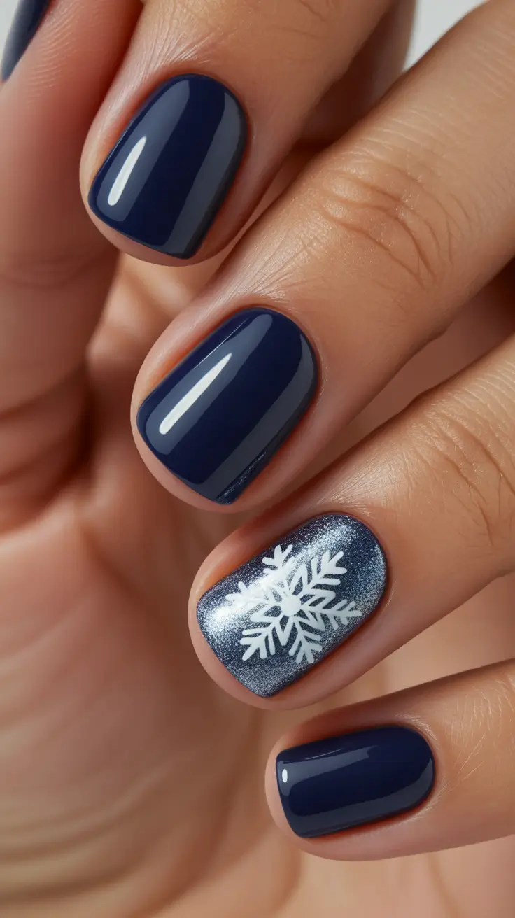 blue christmas nails - Cozy Cocoa Night - Short Navy With Snow-Kissed Accent